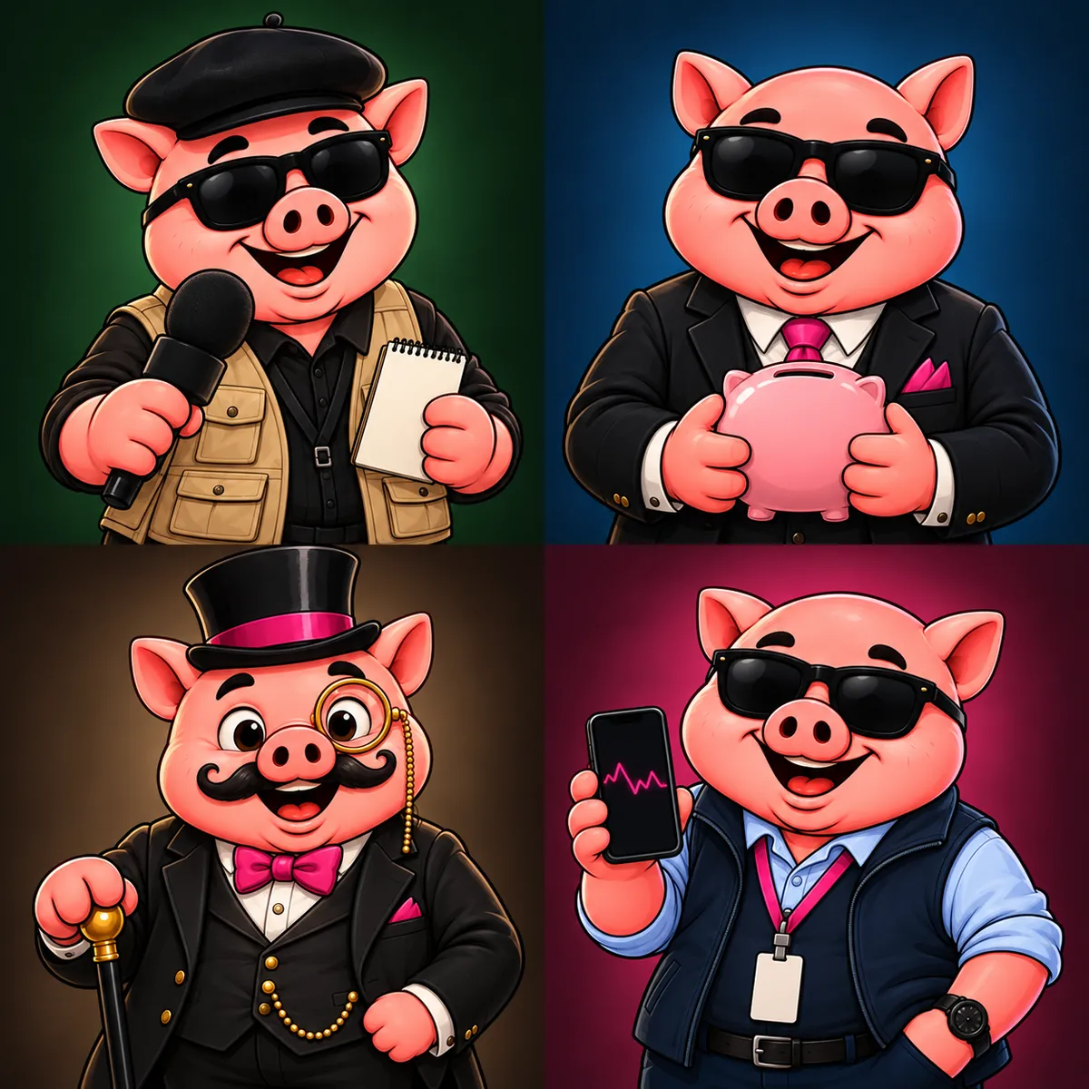 Um porquinho Repórter de boina e óculos escuros, com microfone e bloco de notas.