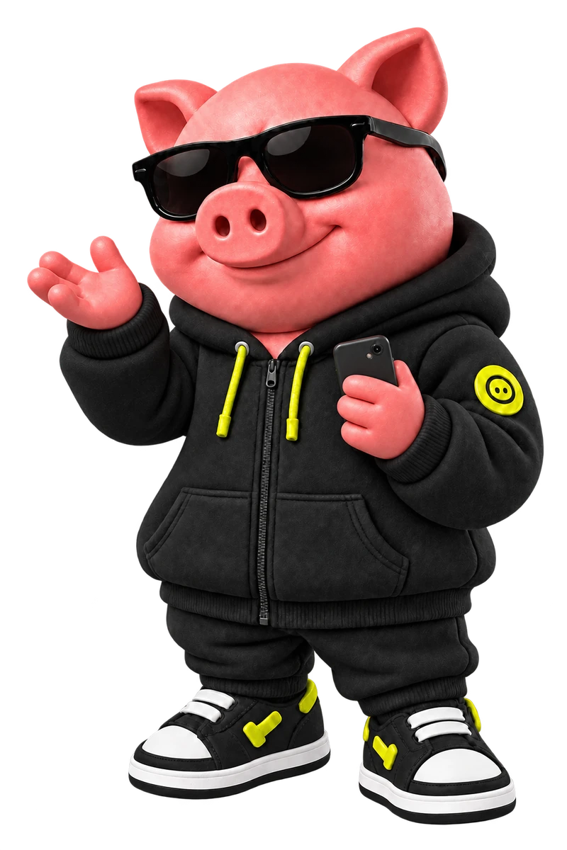 Piggy, o porquinho rosa de óculos escuros e moletom preto, com celular na mão